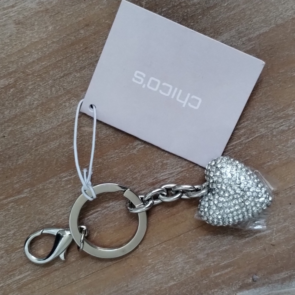 Chico's Silver Pave Crystal Heart Key Ring Purse Fob Bag Charm Vintage NWT